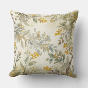 Woodsy Gold Green Beige Blue Watercolor Print Throw Pillow