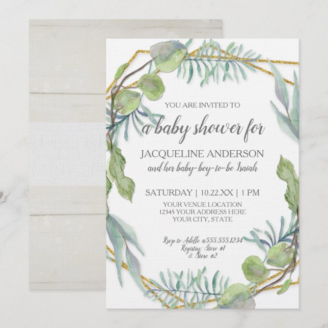 Woodsy Greenery Gender Neutral Baby Shower Wood Invitation (Front/Back)