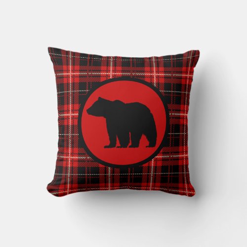 Woodsy Red Plaid Bear Print Throw Pillow