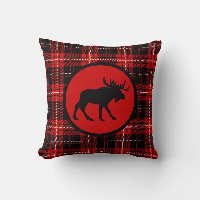 Woodsy Red Plaid Moose Print Throw Pillow (Front)