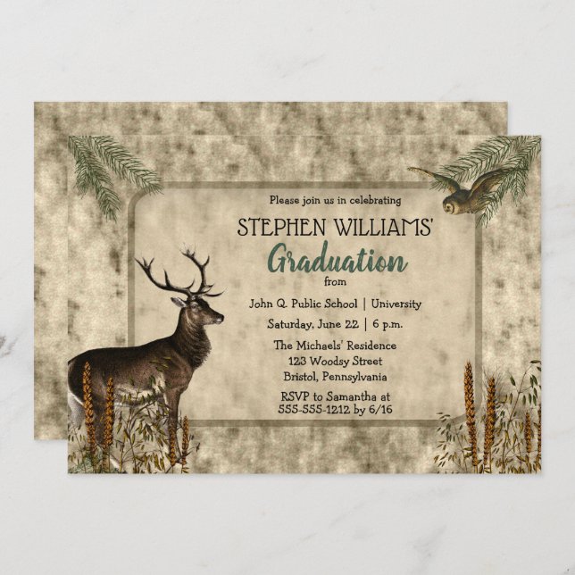 Woodsy Rustic Deer | Owl Graduation Party Invitation (Front/Back)