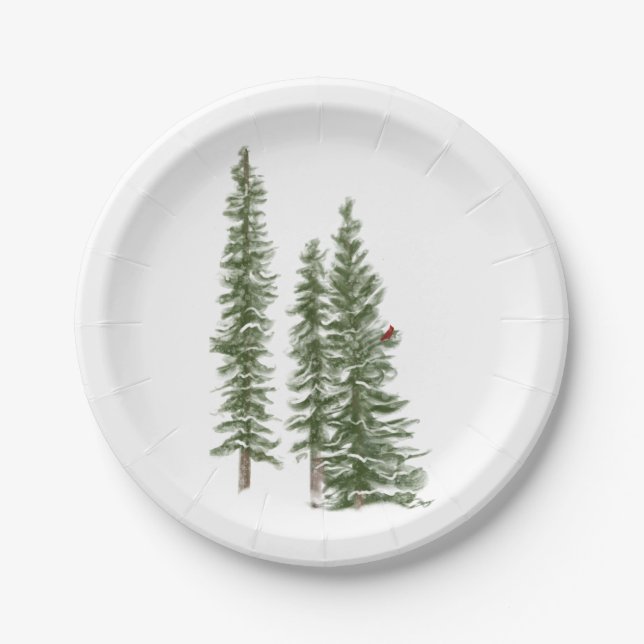 Woodsy Winter evergreen and cardinal Paper Plates (Front)
