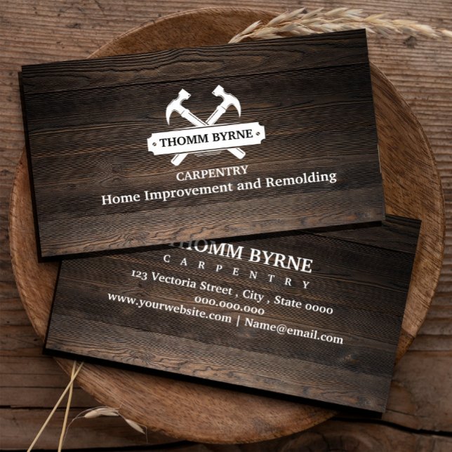Woodworker  / Carpenter Tools Home Improvement  Business Card (Vintage illustration of hammer on wood background #woodworker #profissional #carpentry)