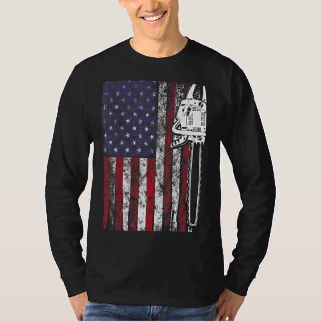 Woodworker Chainsaw Wood Logger Us Flag Lumberjack T-Shirt (Front)