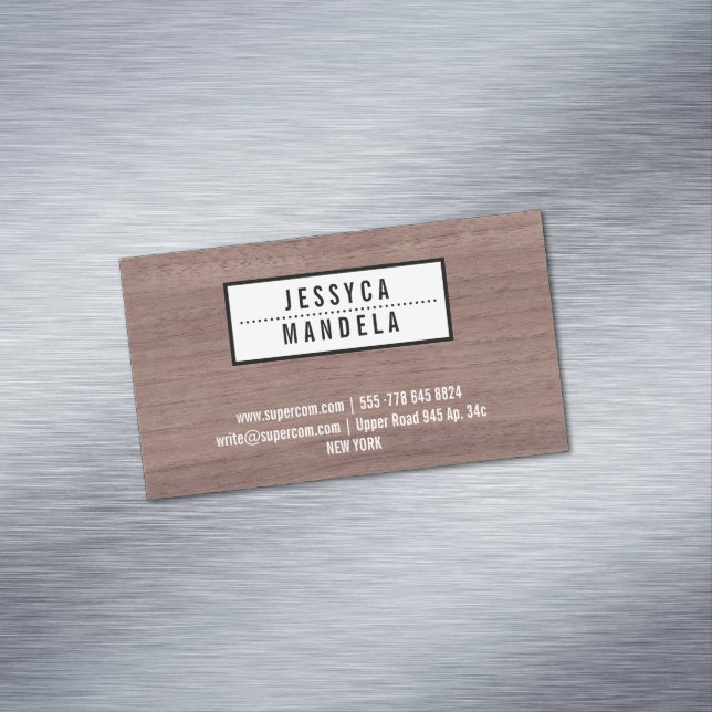 Woodworker with Hazel Wood Business Card Magnet (In Situ)