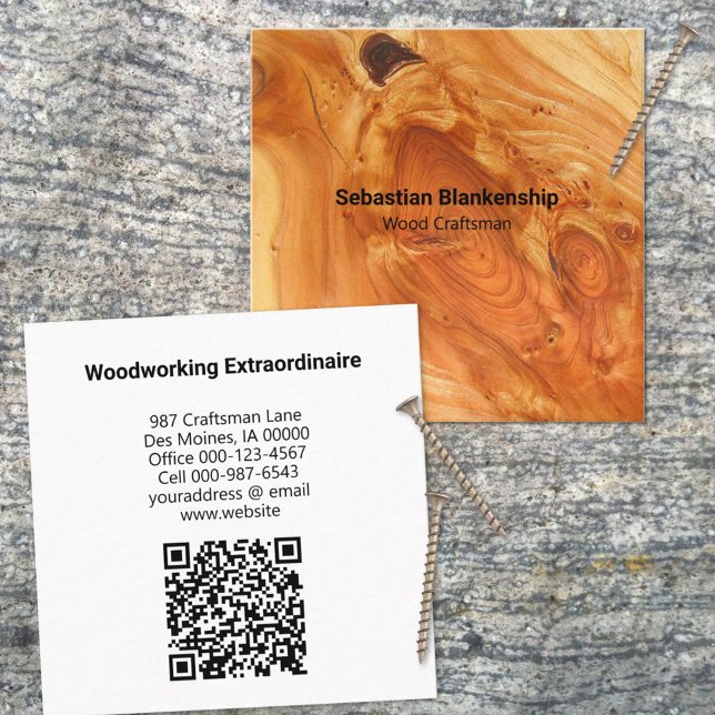 Woodworking Craftsman Finish Wood Texture QR Code Square Business Card (Use this business card design for any business once you personalize all the text and add a QR code. )