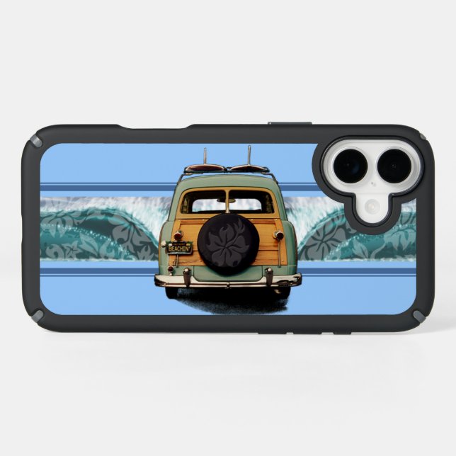 Woody Wave Hawaiian Surf Illustration Blue Speck iPhone Case (Horz)