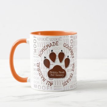 Woof Art And Dog Paw In Brown Custom Name Mug by PAWSitivelyPETs at Zazzle