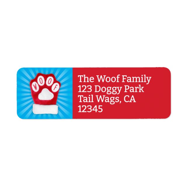 WOOF Christmas Dog Red Paw Mitten Return Address Label (Front)