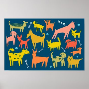 Woof! Colorful Funny Dogs Illustration Poster by ShoshannahScribbles at Zazzle