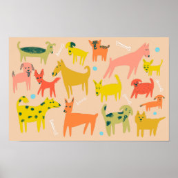 Woof! Colorful Funny Dogs Illustration Poster
