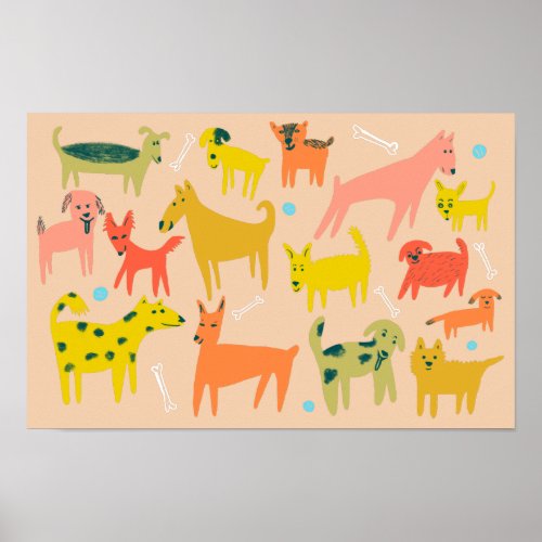 Woof Colorful Funny Dogs Illustration Poster