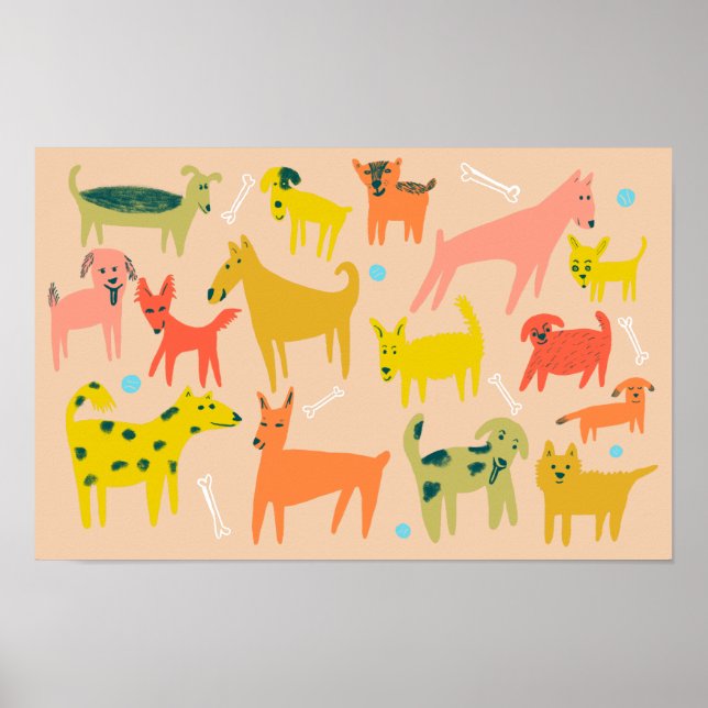 Woof! Colorful Funny Dogs Illustration Poster (Front)