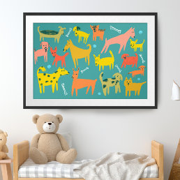 Woof! Colorful Funny Dogs Illustration Poster