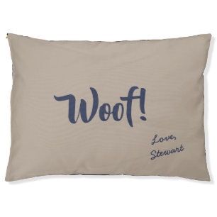 Woof Cute Blue Text Khaki Tan Personalized Pet Bed