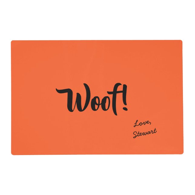 Woof Cute Orange & Black Personalized Pet Placemat (Front)