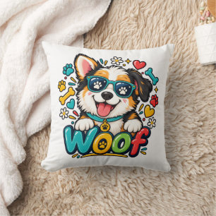 Woof Cute Puppy Dog Paw Print Heart Throw Pillow