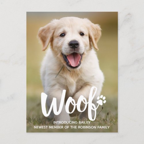 Woof Cute Puppy Personalized Photo Dog New Pet Announcement Postcard