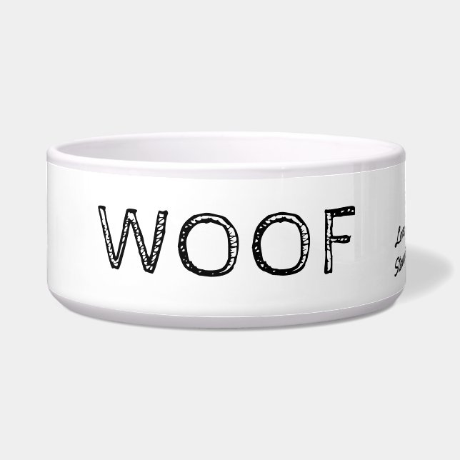 Woof Cute Rustic Text Personalized Pet Bowl (Front)
