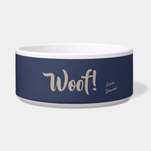 Woof Cute Tan Text Navy Blue Personalized Pet Bowl