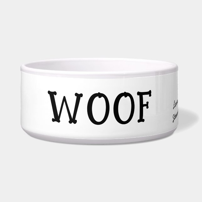 Woof Cute Text Black & White Personalized Pet Bowl (Front)