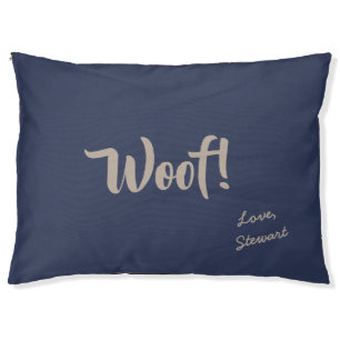 Woof Cute Text Navy Blue Personalized Pet Bed