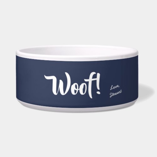 Woof Cute Text Navy Blue  White Personalized Pet Bowl