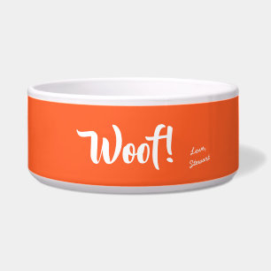 Woof Cute Text Orange & White Personalized Pet Bowl