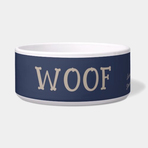 Woof Cute Typography Navy Blue Personalized Pet Bowl
