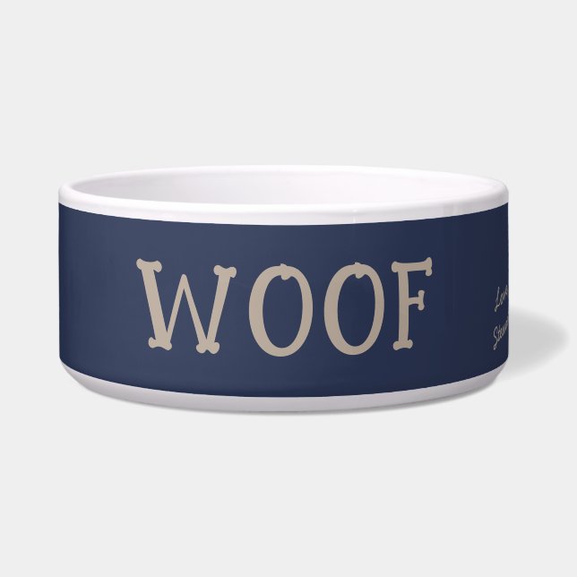 Woof Cute Typography Navy Blue Personalized Pet Bowl (Front)
