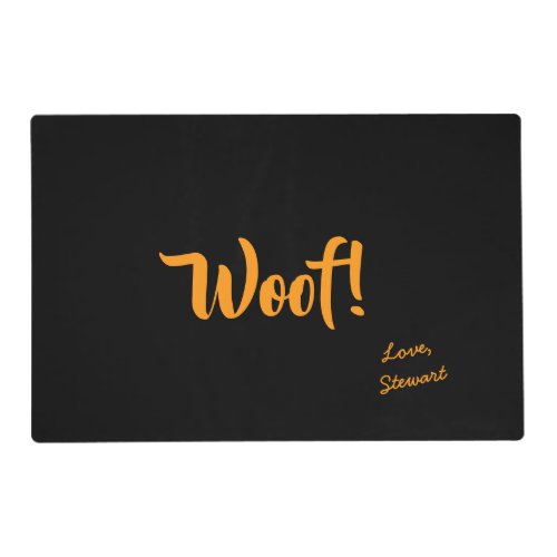 Woof Cute Yellow Text Personalized Black Pet Placemat