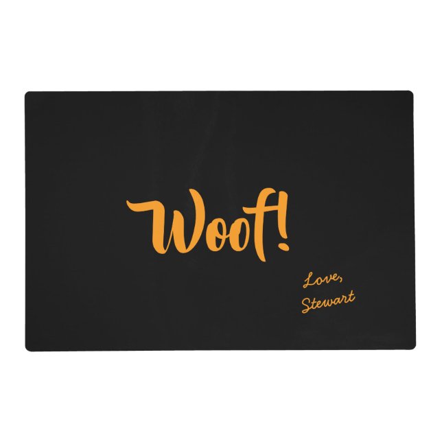 Woof Cute Yellow Text Personalized Black Pet Placemat (Front)