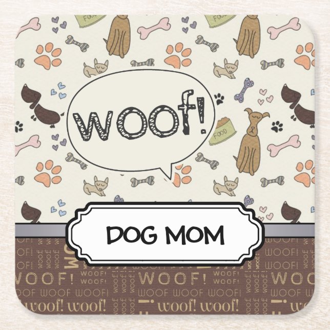 WOOF! Dog Lover - Puppies pattern personalized Square Paper Coaster (Front)