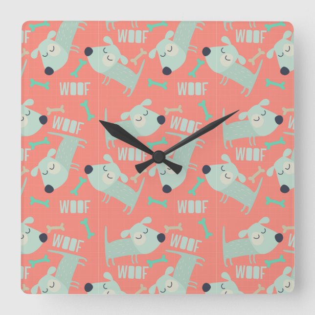 Woof Dogs and Bones Square Wall Clock (Front)