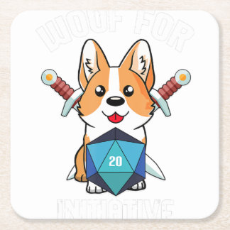 Woof Initiative Funny Corgi Dog D20 Rpg Gamer Gif Square Paper Coaster