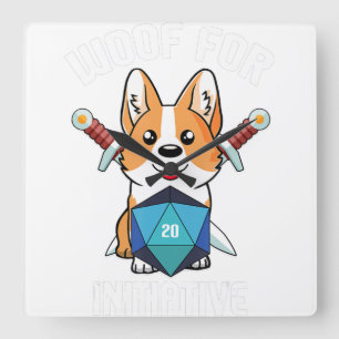Woof Initiative Funny Corgi Dog D20 Rpg Gamer Gif Square Wall Clock