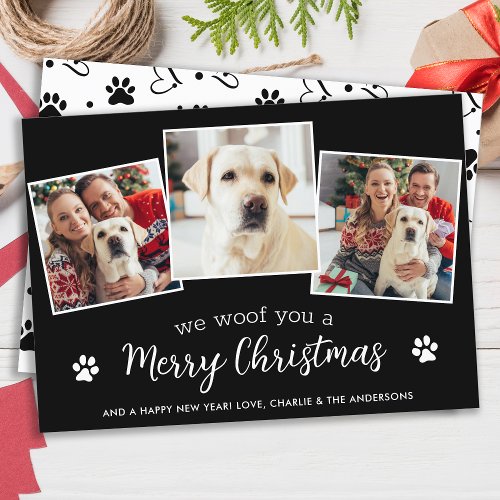 Woof Merry Christmas Custom Dog Lover 3 Pet Photos Holiday Card