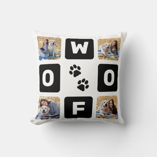 Woof Paw Prints Pet Dog Lover Photo Square Throw Pillow - Celebrate your best friend with a fun custom pet photo collage pillow with paw prints in a black and white design !  When you have so many fun memories and photos, one photo isn't enough . Our woof dog pillow has 4 photos. Whether you have a new puppy, or to memorialize all the special moments thru each year, every pet deserves a personalized photo pillow.  
See 'personalize this template' to change photos. Perfect dog lover keepsake gift to your favorite dog mom, for dog dad, and dog lovers!
COPYRIGHT © 2020 Judy Burrows, Black Dog Art - All Rights Reserved. Woof Paw Prints Pet Dog Lover Photo Square Throw Pillow