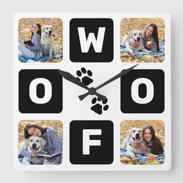 Woof Paw Prints Pet Dog Lover Photo Square Wall Cl Square Wall Clock (Front)