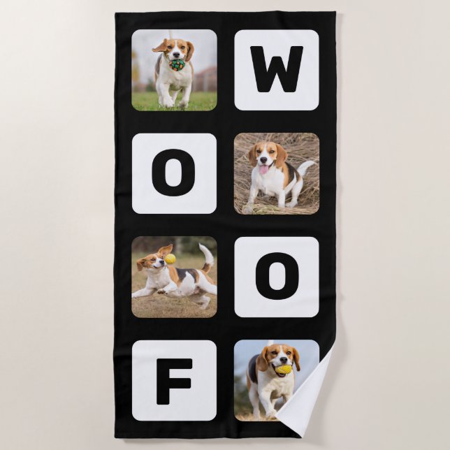 Woof Personalized Photo Collage Pet Lover Dog Beach Towel (Front)