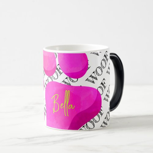 woof pink paw print dog name modern pet fun magic mug