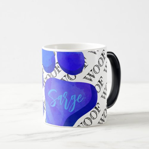 woof typography blue dog paw print modern pet fun magic mug