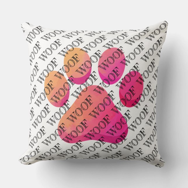 WOOF Typography Dog Paw Print Modern Pet Fun Throw Pillow (Front)