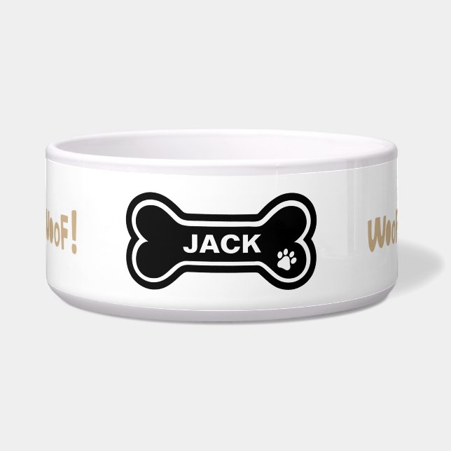 Woof, Woof Paw Print and Heart Personalized Dog Bowl (Front)