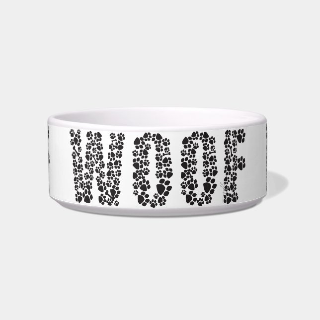 "WOOF WOOF WOOF" means feed me! Medium ceramic Bowl (Front)