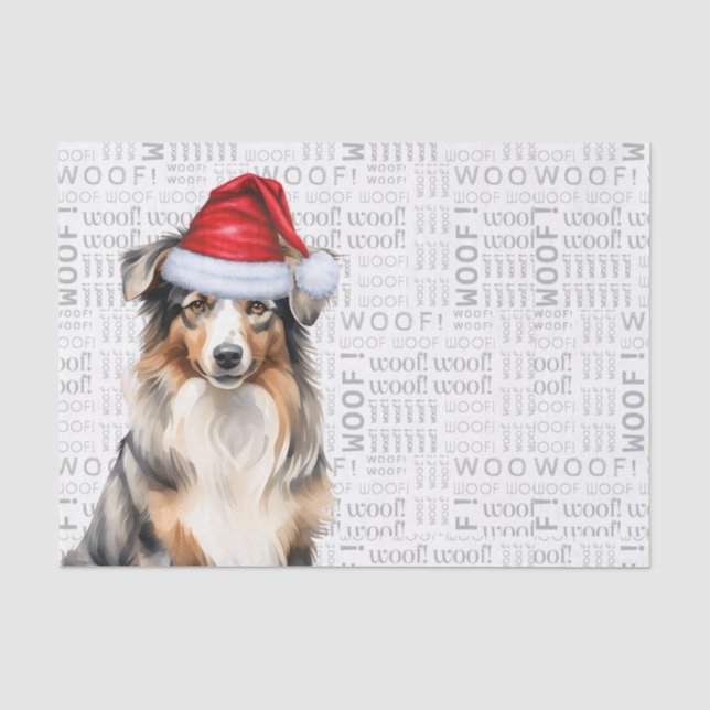 Woof Word Art and Australian Shepherd Santa Dog Tissue Paper (Front)