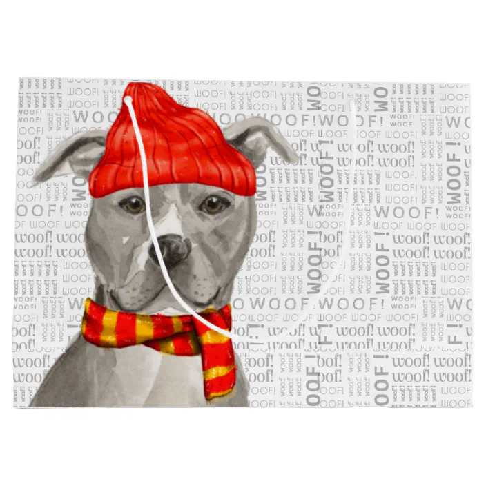 Woof Word Art And Pitbull Terrier Dog Christmas Large Gift Bag Zazzle Com