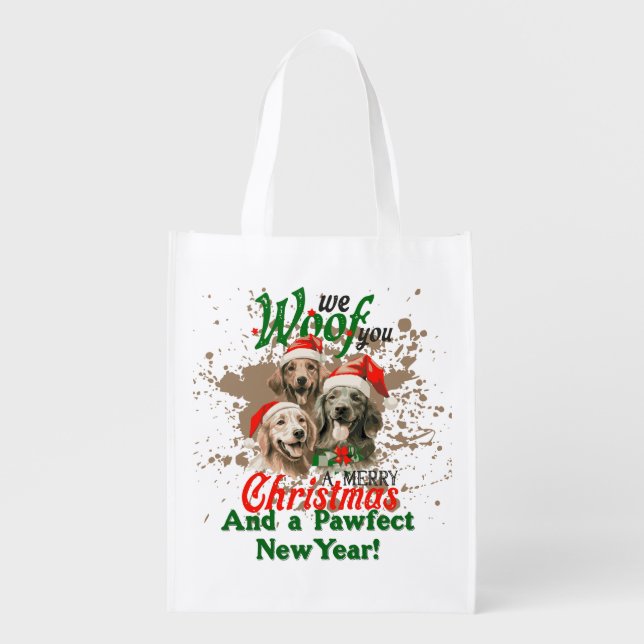 Woof You A Merry Christmas Dog Grocery Bag (Front)