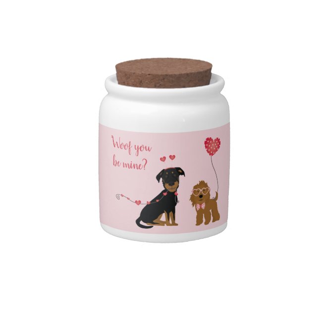 Woof You Be Mine Valentine Dogs Candy Jar (Front)
