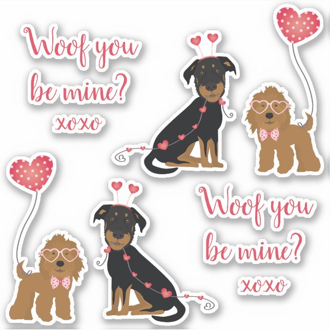 Woof You Be Mine Valentine Dogs Sticker (Front)